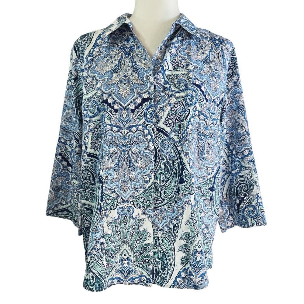 Chico's Effortless Gabrielle No Iron Blue Paisley Cotton Button-Up Shirt Boho